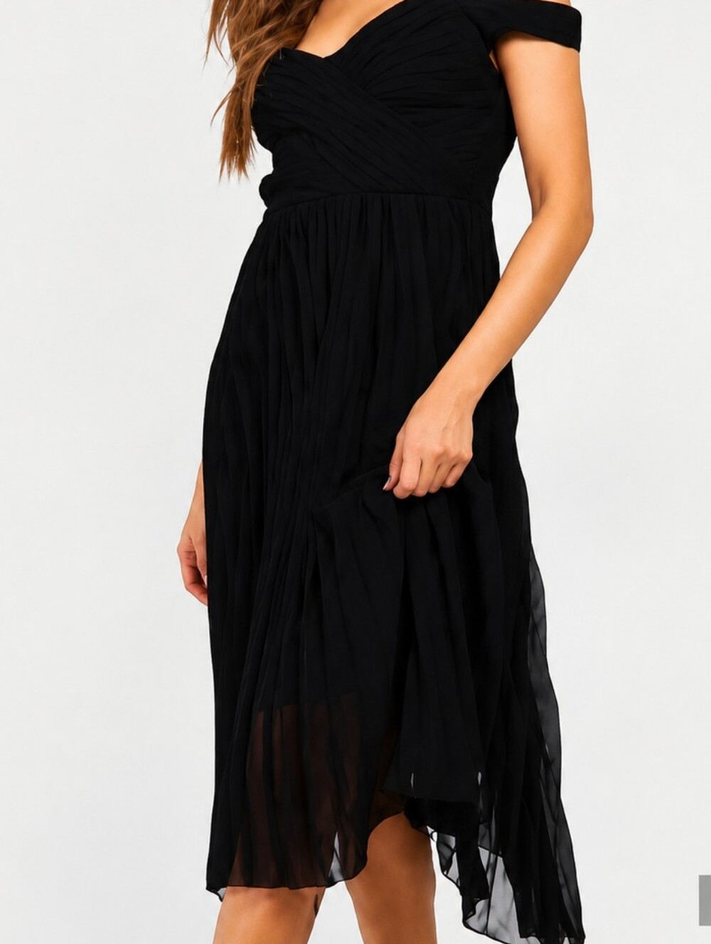 BOOHOO Black Off Shoulder Pleated Midi Dress Size 12 LBD